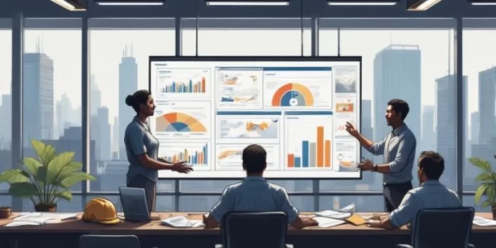 Ilustrasi tim konstruksi dan keuangan meninjau laporan pajak kontraktor di kantor modern.