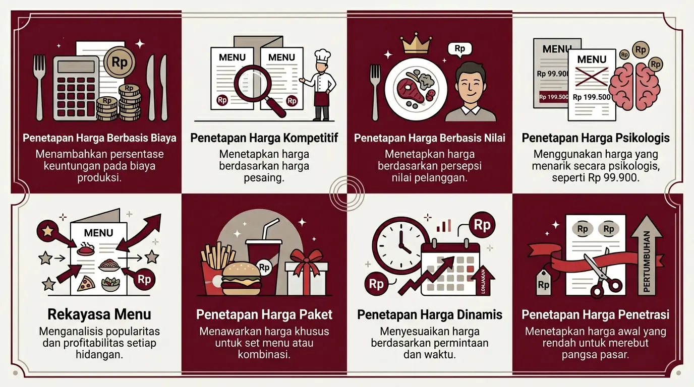 Infografis 8 strategi penetapan harga menu restoran yang dapat diterapkan bisnis kuliner.