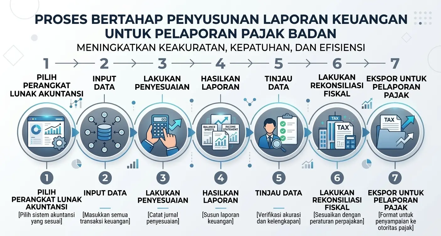 Infografis 7 tahap penyusunan laporan keuangan untuk pelaporan pajak badan di Indonesia, mulai dari pilih software hingga ekspor.