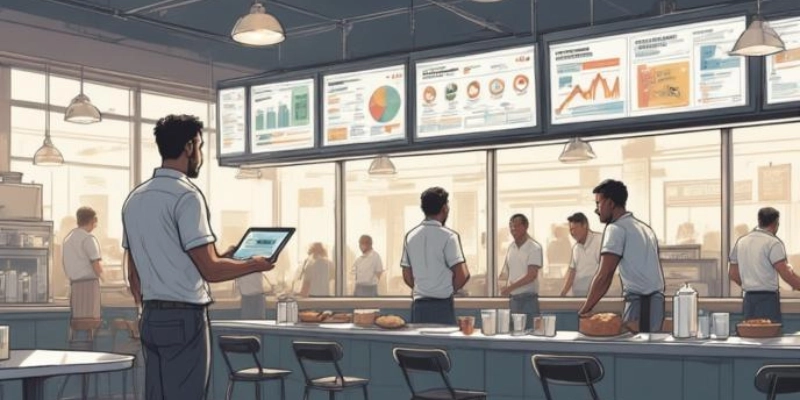 Ilustrasi manajer restoran menilai manfaat investasi sistem antrean digital.