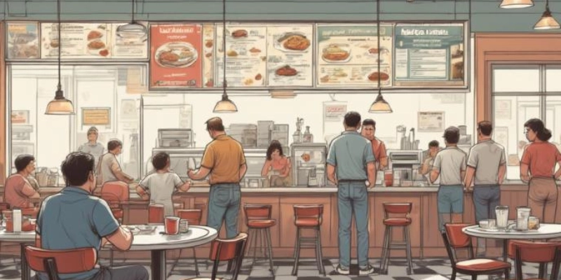 Ilustrasi jam makan siang di restoran saat order take away menumpuk dan operasional menjadi sibuk.