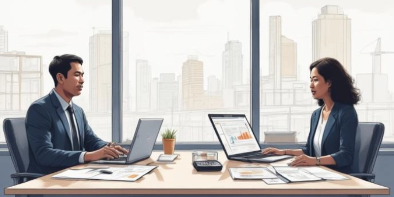 Ilustrasi staf keuangan konstruksi meninjau dokumen proyek dan pajak kontraktor di kantor modern.