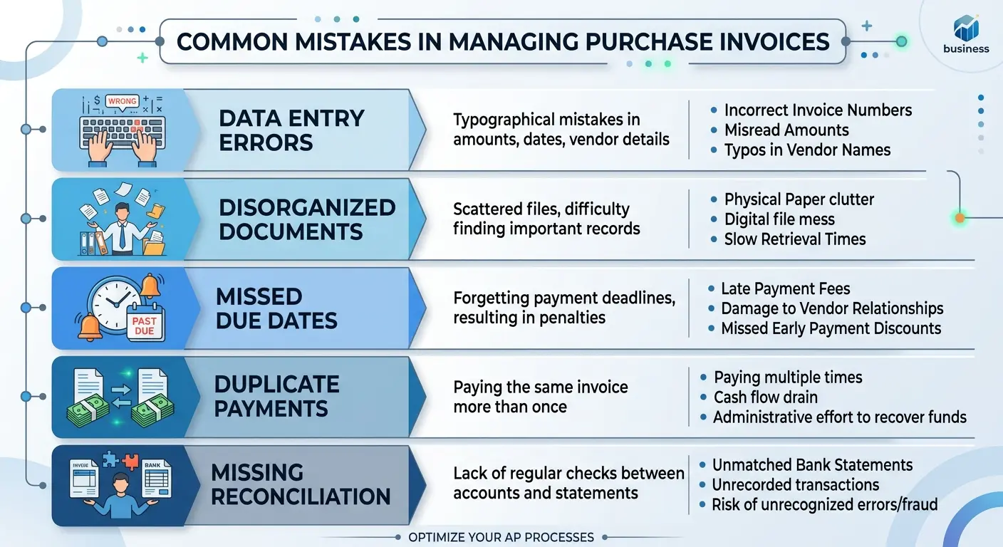 Infografis kesalahan umum dalam pengelolaan faktur pembelian