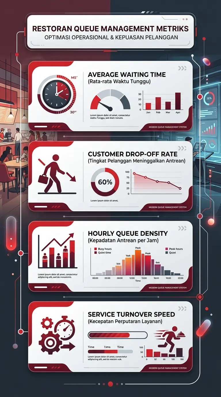 Infografis metrik utama untuk mengevaluasi sistem antrean restoran.