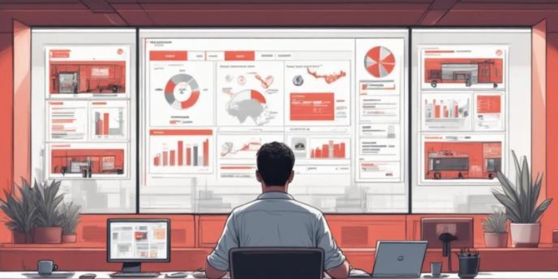 Ilustrasi manajer retail memantau audit cabang toko melalui dashboard ERP terpusat.