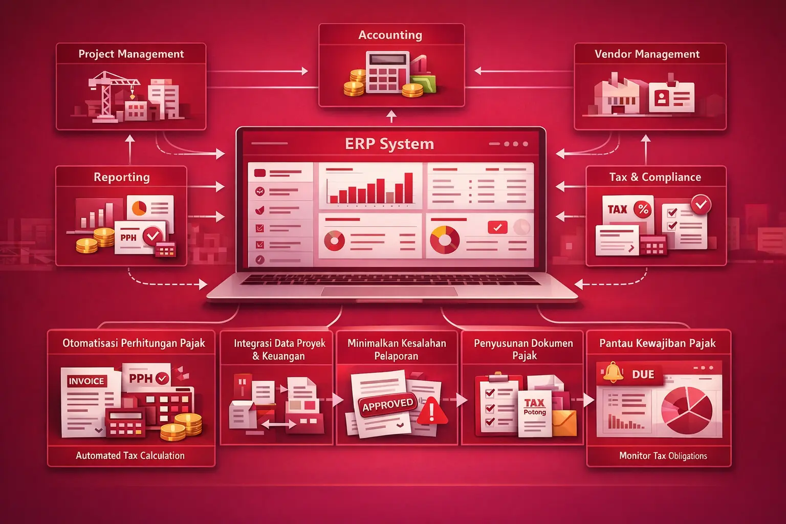 Infografis ERP konstruksi yang menunjukkan integrasi proyek, keuangan, dan pajak kontraktor.