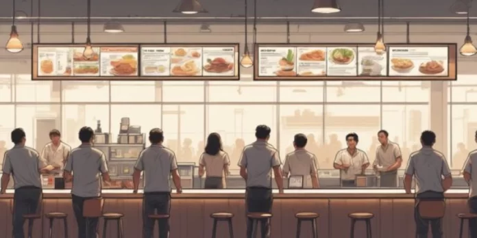 Ilustrasi sistem antrean digital di restoran modern dengan pelanggan dan staf yang tertata.