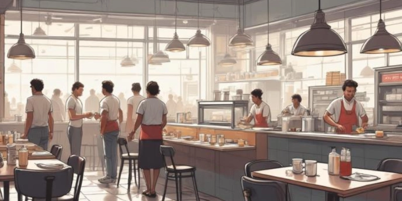 Ilustrasi restoran saat jam sibuk dengan tim tetap terkoordinasi berkat SOP yang jelas.