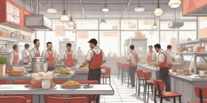 Ilustrasi tim restoran menjalankan SOP dengan alur kerja teratur di area layanan, kasir, dan dapur.