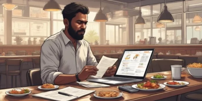 Pemilik restoran meninjau menu, biaya, dan laporan penjualan untuk menentukan harga menu.