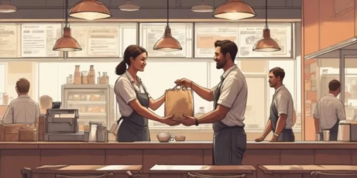 Ilustrasi layanan take away di restoran dengan pelanggan mengambil pesanan di counter.